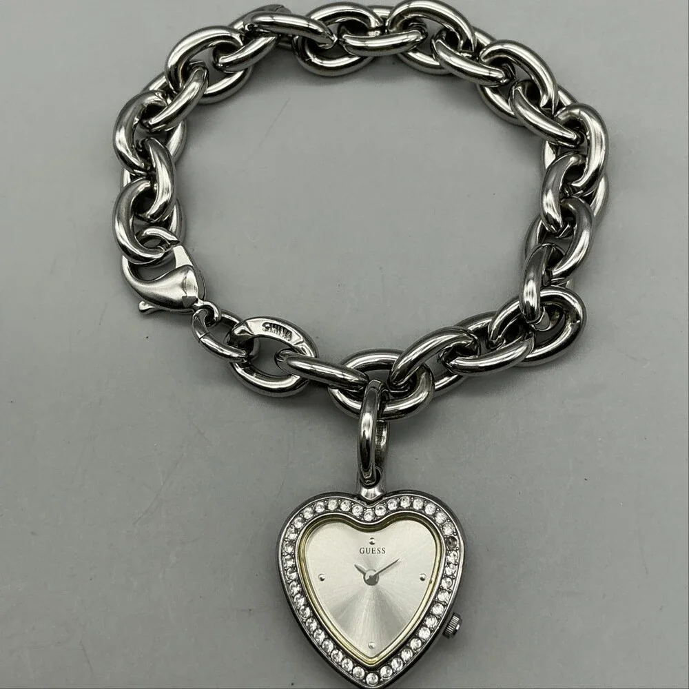 Guess Womens Watch 23mm Silver Tone Heart Charm Bracelet Crystals New Battery 8